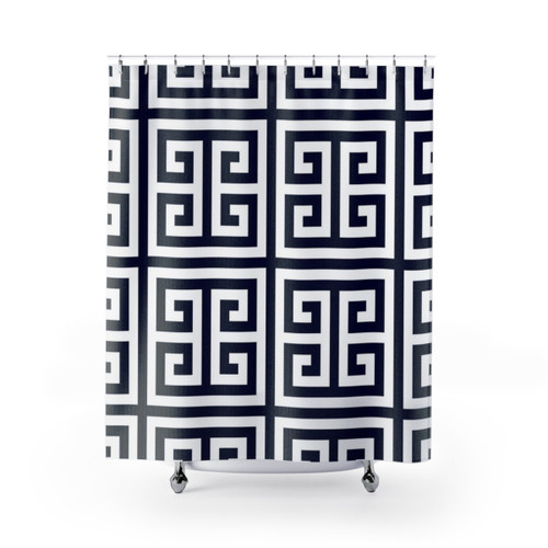 Navy blue and white Greek key pattern shower curtains