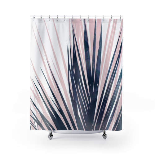 Contemporary Palm Leaf Navy Blue and Blush Pink Shower Curtain