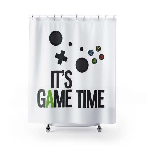 Gamer Shower Curtains featuring video game controllers and other gaming elements