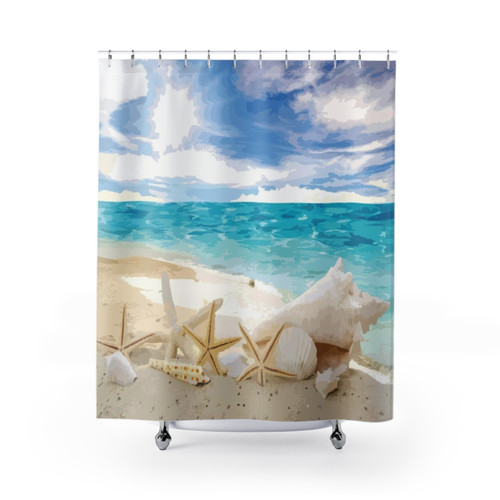 Seashells on the Beach Shower Curtains - Coastal Bathroom Decor