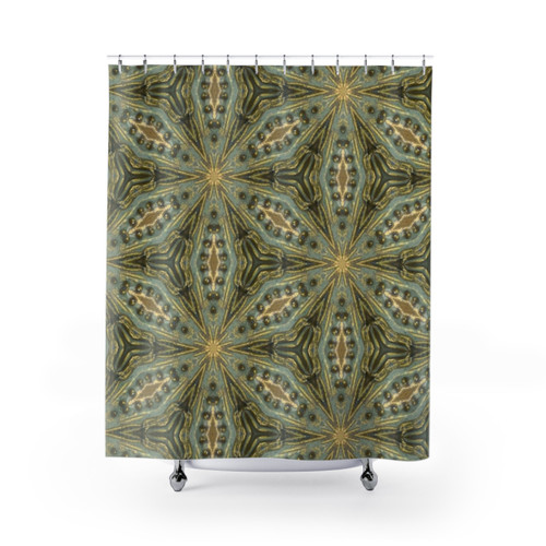 Vintage Bold KaleidoSnap Shower Curtains - Antique Gold Bead, Sage Green