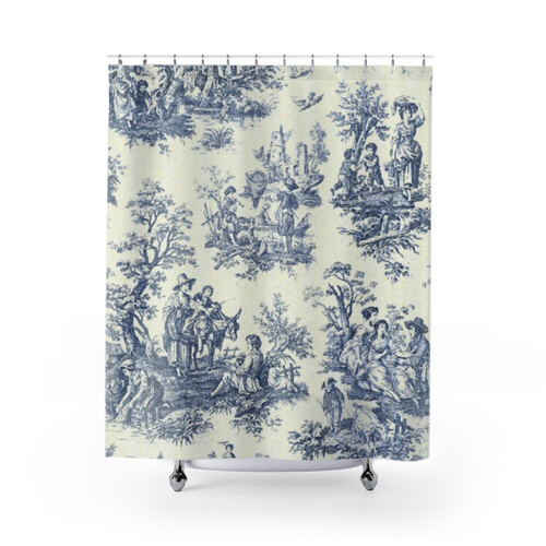 Vintage French Toile Shower Curtain with Powder Blue Floral Designs