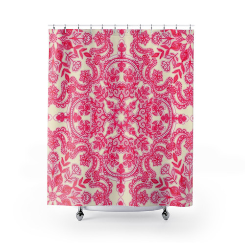 Hot Pink and Cream Folk Art Pattern Shower Curtains