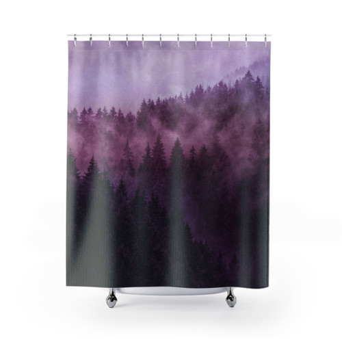 Moody forest shower curtains with cascading trees and fog