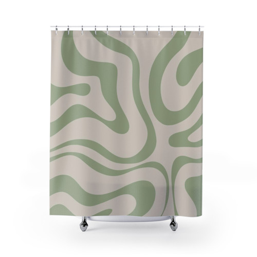 Beige and Sage Green Shower Curtains with Abstract Pattern