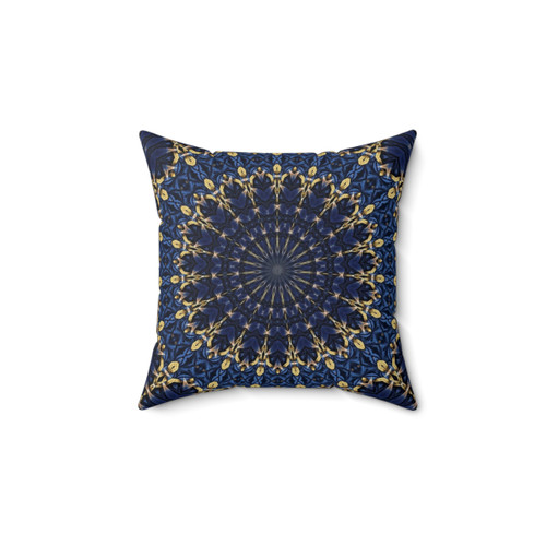 Navy blue and gold round pillow with abstract design