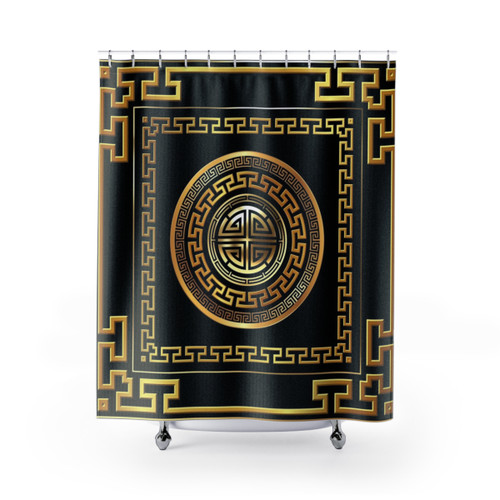 Greek Key Meander Black Gold Large Shower Curtain