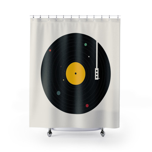 Music Themed Shower Curtains with Planets, Cosmos, and Retro Vinyl Designs