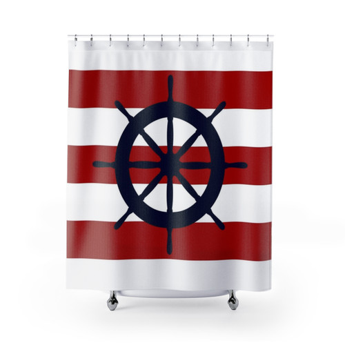 Nautical Navy Blue Ship's Steering Wheel Shower Curtain