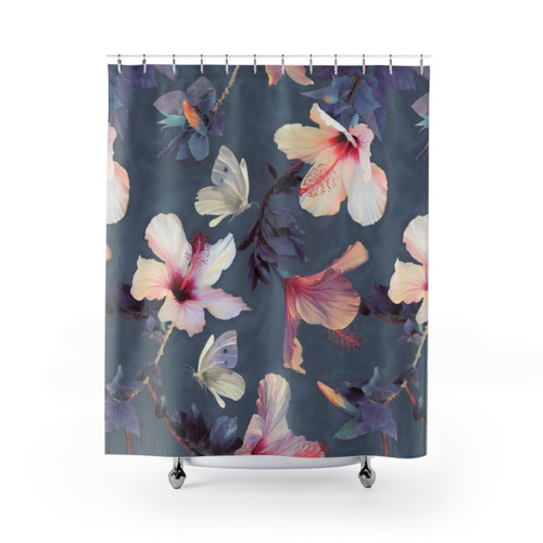 Butterflies and Hibiscus Flowers Shower Curtain - Painted Pattern