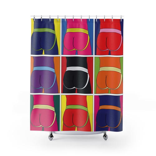 Colorful pop art shower curtain featuring jockstrap design