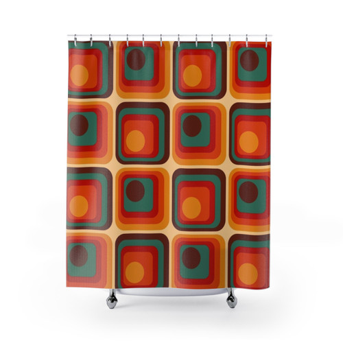 Retro Geometric Gradient Square and Circle Pattern Shower Curtain