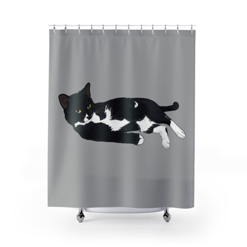 Tuxedo Cat Lounging Shower Curtain - Adorable Feline Bathroom Decor