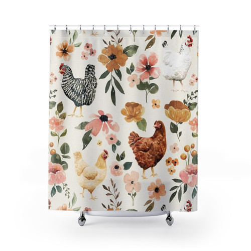 Watercolor Chicken Floral Shower Curtain