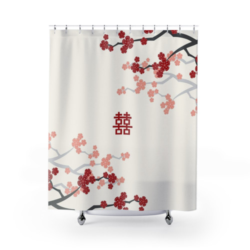Oriental Cherry Blossom Shower Curtain with Japanese Sakura Floral Design
