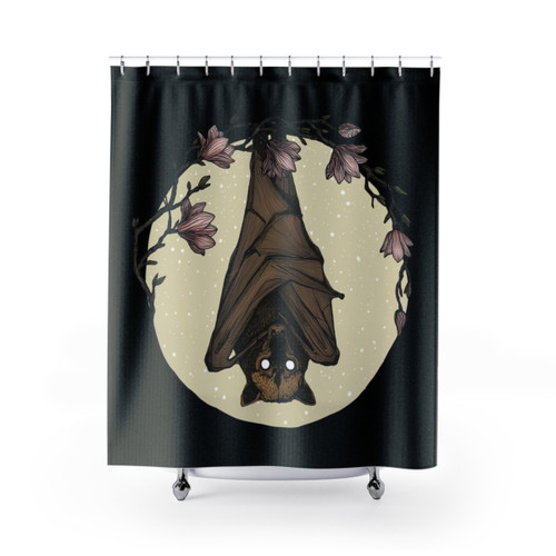 Bat-themed shower curtain with a sketch-like design