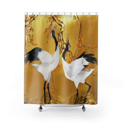 Japanese Art Shower Curtains with Golden Cranes