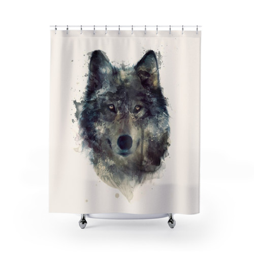 Wolf Persevere Shower Curtains featuring a watercolor design of a wolf