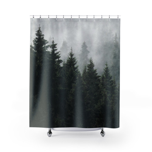 Misty foggy forest shower curtains with trees covered in magic fog