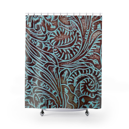 Aqua Brown Tooled Leather Pattern Shower Curtain