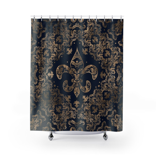 Luxury Fleur-de-Lis Shower Curtains in Gold and Dark Blue