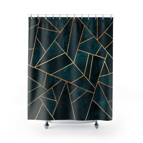 Deep Teal Stone Shower Curtains with Abstract Geometric Design