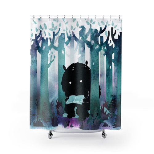 A Quiet Spot Shower Curtains with whimsical monster, book, and nature design