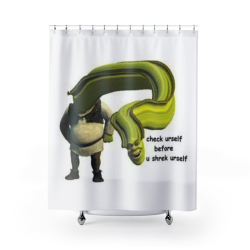 Funny meme shower curtain with Check Yourself Before You Shrek Yourself design