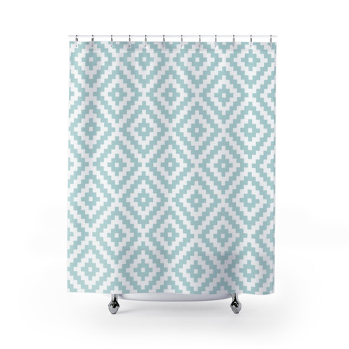 Aztec Symbol Pattern Shower Curtains in Duck Egg Blue
