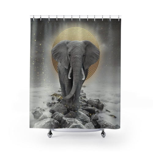 Surreal elephant shower curtains with a gold sun and magical design