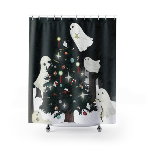 Enchanted Christmas Shower Curtains featuring ghostly spirits and a snowy forest scene