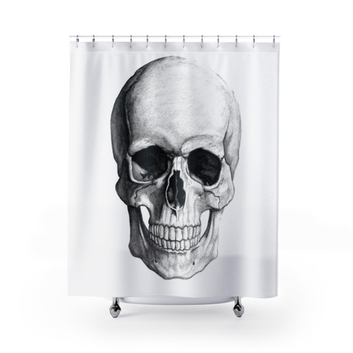 Skull-patterned shower curtain for a grunge, punk, and rock-inspired bathroom