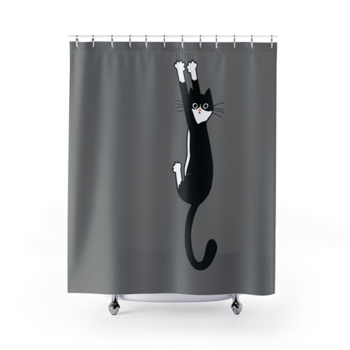 Funny Tuxedo Cat Shower Curtains with Black and White Cat Hanging On