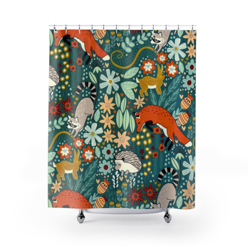Textured Woodland Pattern Shower Curtains featuring foxes, raccoons, and other cute woodland critters