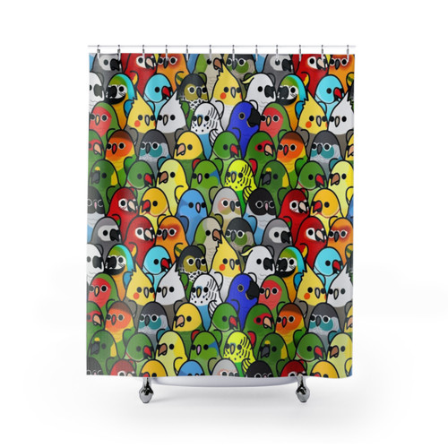 Colorful bird-themed shower curtain design