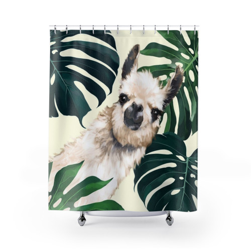 Tropical Monstera Shower Curtains with Cute Llama Design