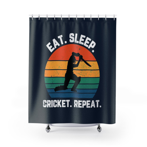 Eat Sleep Cricket Repeat Sunset White Text Shower Curtains