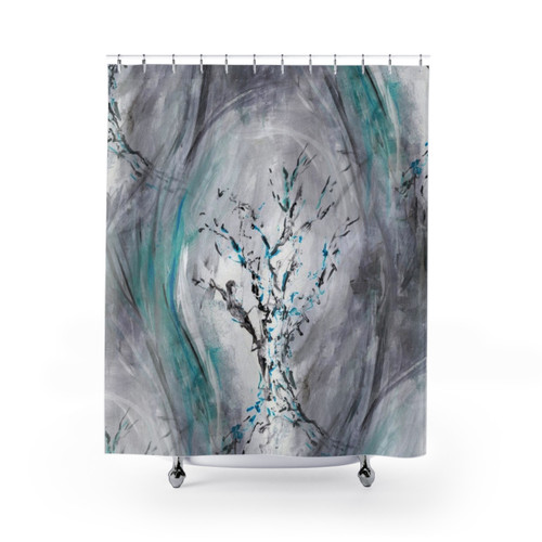 Impressionist Tree Branches Teal Gray Shower Curtain