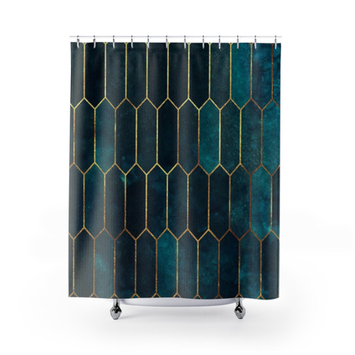 Deep Teal and Blue Gold Pattern Shower Curtains