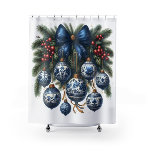 Blue Chinoiserie Christmas Shower Curtains with Holiday Decor
