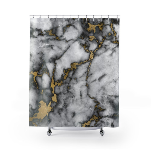 Elegant grey marble shower curtain with gold streaks