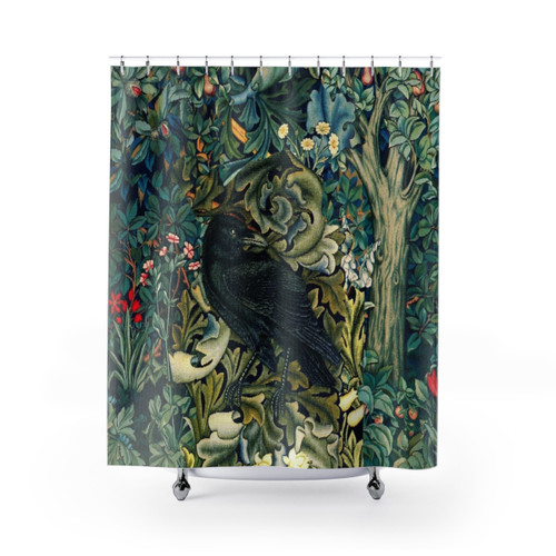Woodland Floral Shower Curtain with Raven Bird Design