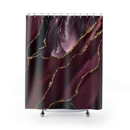 Burgundy agate shower curtain with abstract geode design
