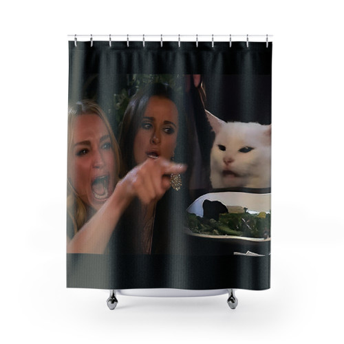 Funny 'Woman Yelling at Cat' themed shower curtain