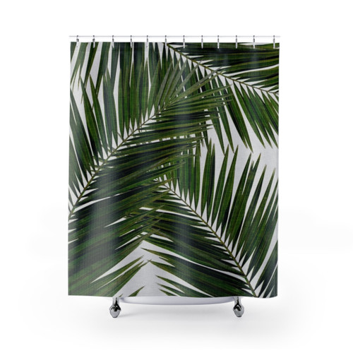 Palm Leaf Green II Shower Curtains with Watercolor Leaves Design