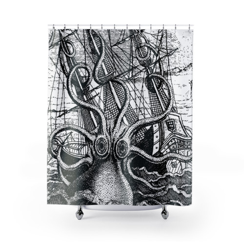 Vintage Kraken Attacking Ship Illustration Shower Curtain