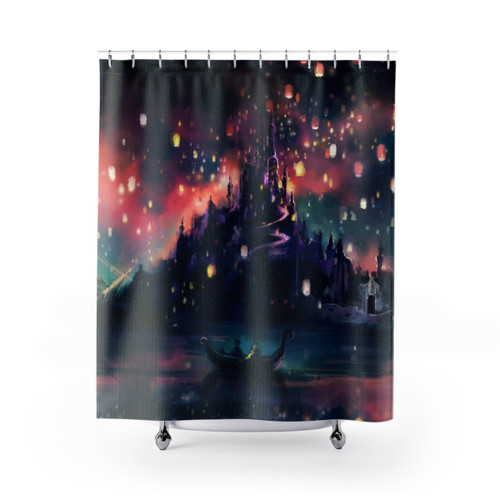 Tangled-themed shower curtain featuring characters from the Disney movie