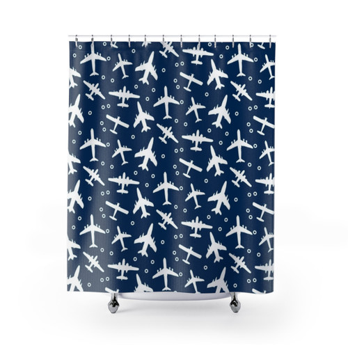 Blue and White Aeroplane Silhouette Pattern Shower Curtains