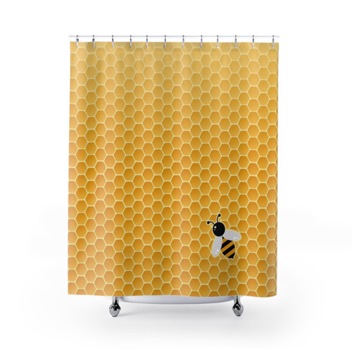Bee-themed shower curtain with cartoon bees and honeycombs