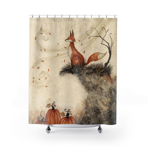 Autumn Pumpkin Patch Shower Curtains featuring a whimsical fox design